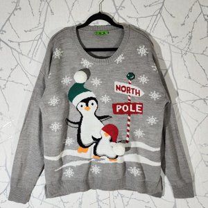 mySTYLE Gray Knit Christmas Theme Penguins Printed Sweater